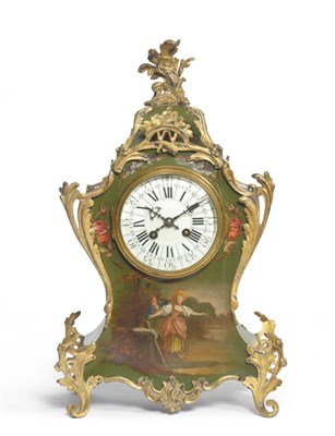 Lot 1161 - A French Striking Mantel Clock, circa 1900, green lacquered case with painted figural and...