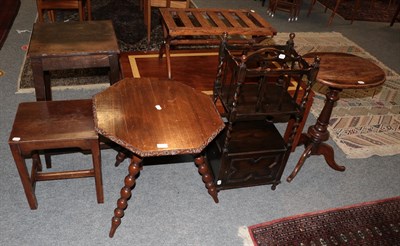 Lot 1256 - A group of occasional furniture to comprising a coffee table; an oak luggage rack; a 19th...