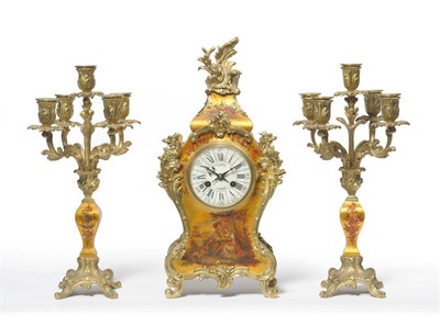 Lot 1163 - A Gilt Brass and Painted Wood Striking Mantel Clock with Garniture, retailed by Howell & James,...