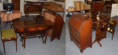 Lot 1327 - A quantity of furniture comprising an Edwardian mahogany and satinwood banded bureau; a...