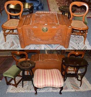 Lot 1330 - A Chinese carved camphor wood chest, 100cm by 50cm by 56cm high (a.f.); together with two...