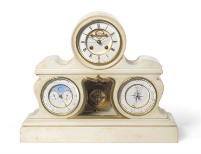 Lot 1170 - A White Marble Centre Seconds Triple Calendar Moonphase Mantel Clock and Aneroid Barometer...