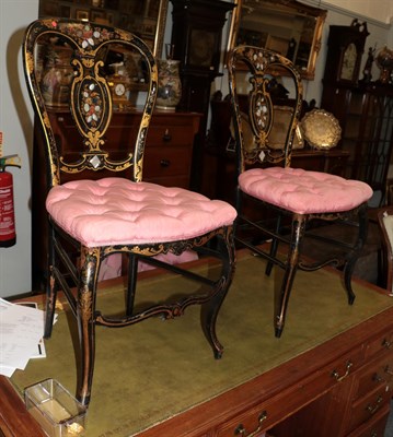 Lot 1384 - A pair of Victorian ebonised and mother-of-pearl bedroom chairs; together with a pink...