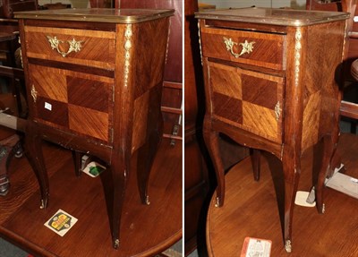 Lot 1435 - A pair of French style Kingwood and parquetry decorated bedside cabinets, with gilt-metal mounts