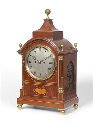 Lot 1184 - A Mahogany Inlaid Striking Table Clock, circa 1890, the arched top with brass ball finials, pierced