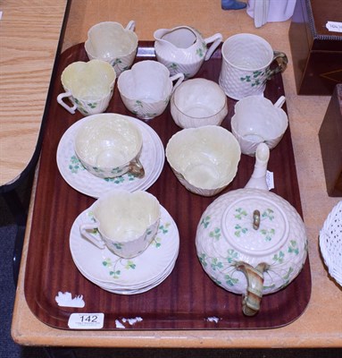 Lot 142 - Tray of assorted Belleek tea china, including cream, sugar and a mug