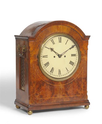 Lot 1188 - A Burr Walnut Striking Table Clock, the arched veneered case with side carrying handles and...