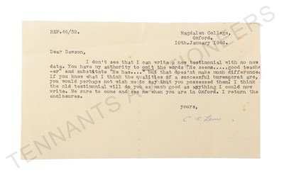Lot 3062 - Lewis (Clive Staples) A.L.S., A single page autograph testimonial for Mr Dawson who 'has been...