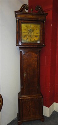 Lot 1205 - An Oak Eight Day Longcase Clock, with swan neck pediment, turned pillars with brass capitals, trunk