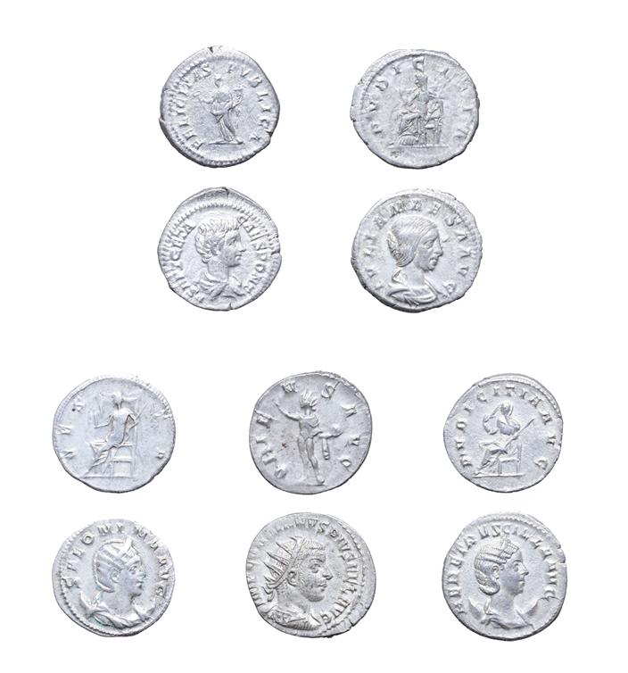 Lot 4024 - 5 x Roman Silver Coins comprised of Geta, 209 - 211 A.D. Denarius. 3.35g, 19.7mm, 12h. Obv:...