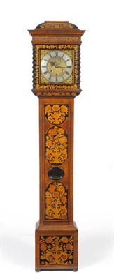 Lot 1219 - A Marquetry Month Going Longcase Clock, with flat top pediment, barley twist columns, glazed...