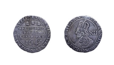 Lot 4087 - Charles I, 1643 Shilling. 5.77g, 31.1mm, 11h. Oxford mint, mintmark plume. Obv: Oxford bust...