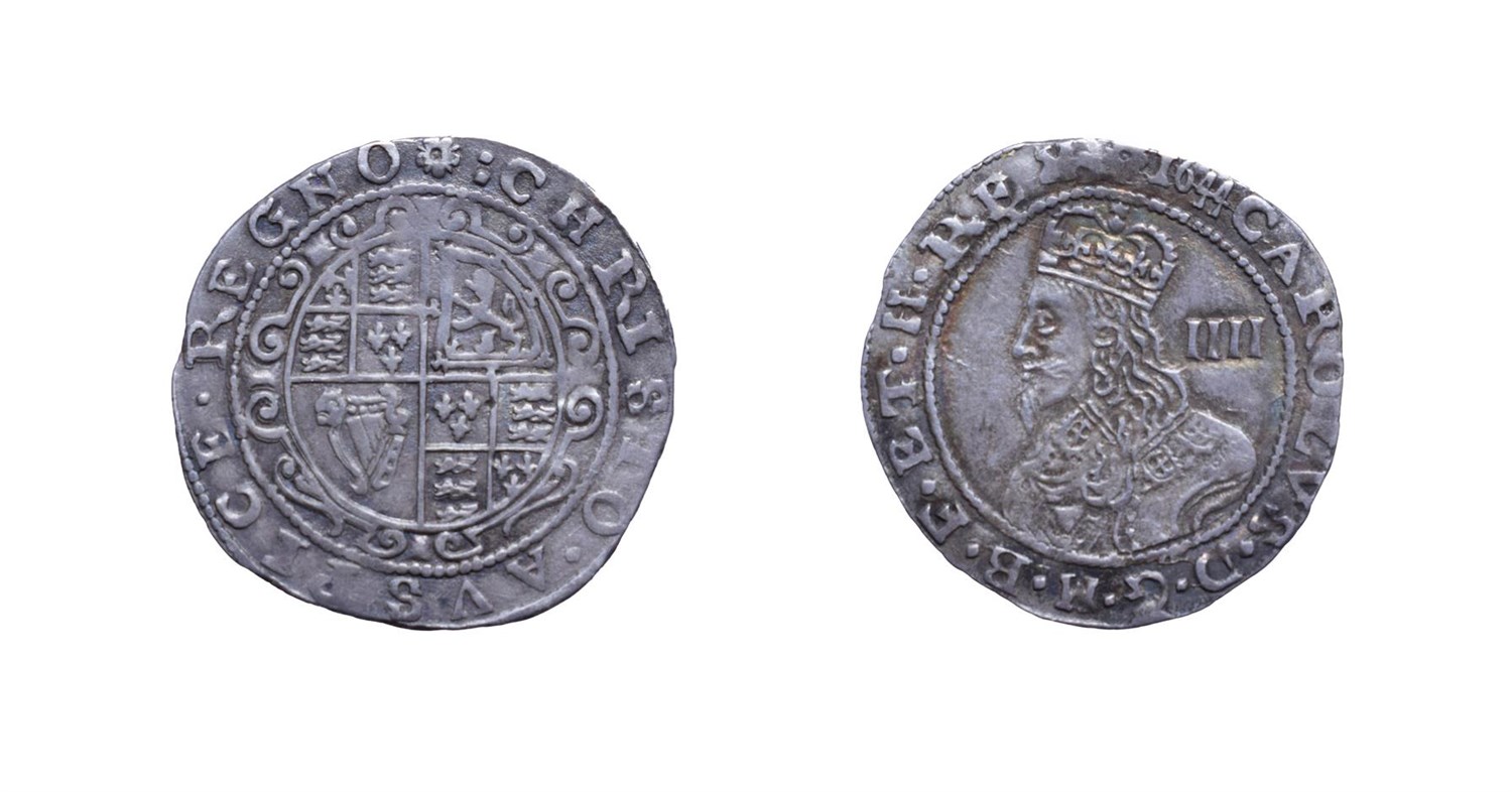 Lot 4099 - Charles I, 1644 Groat. 1.61g, 21.8mm, 5h. Exeter mint, mintmark rose. Obv: Crowned bust left....
