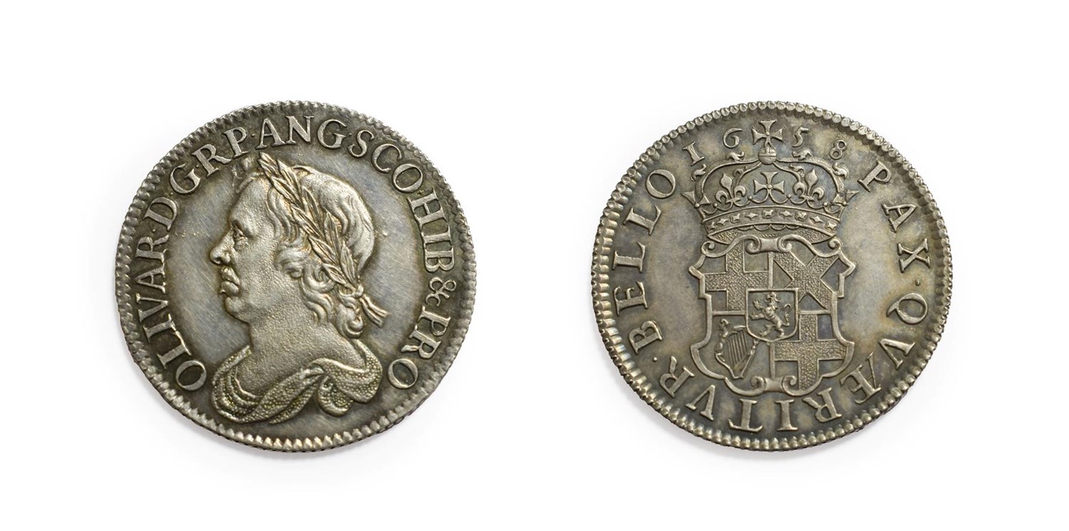 Lot 4106 - Oliver Cromwell, 1658 Shilling. 6.03g, 27.5mm, 12h. Obv: Laureate and draped bust left. Rev:...