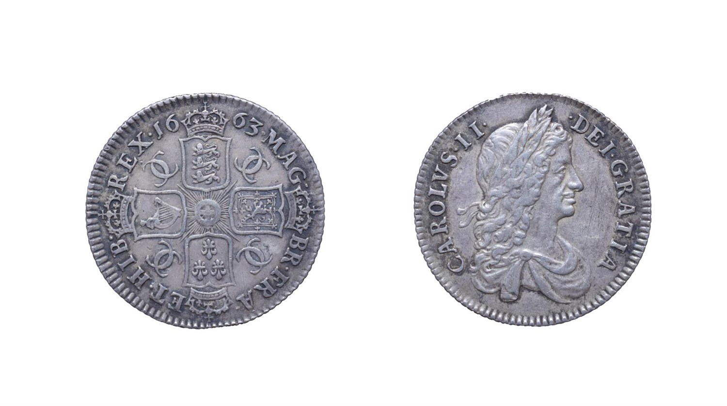 Lot 4110 - Charles II 1663 Shilling. Obv: First laureate and draped bust right. Rev: Cruciform shields,...