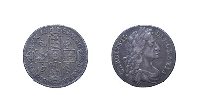 Lot 4112 - Charles II 1684 Shilling. Obv: Fourth (older) laureate and draped bust right. Rev: Cruciform...