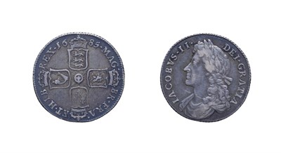 Lot 4113 - James II 1685 Shilling. Obv: Laureate and draped bust right. Rev: Cruciform shields. S. 3410. Fine.