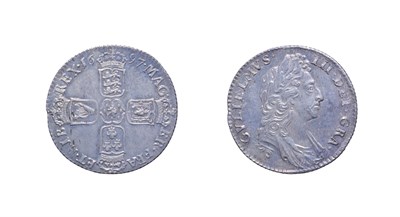 Lot 4118 - William III 1697 Shilling. Obv: Third laureate and draped bust right. Rev: Cruciform shields....
