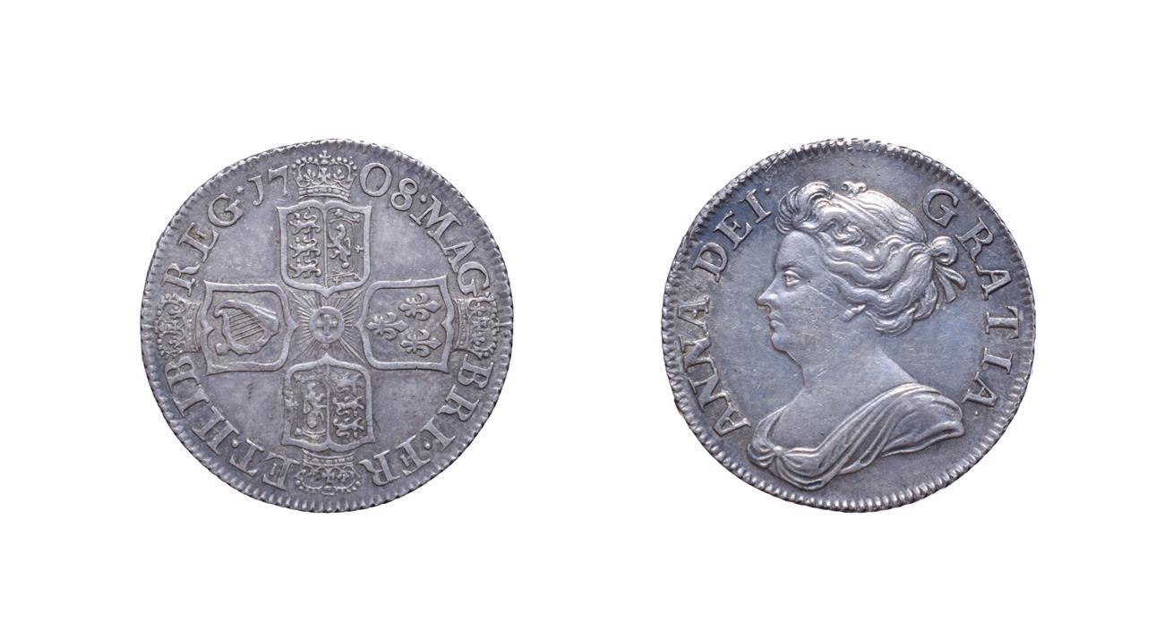 Lot 4125 - Anne, 1707 Shilling. Post union with Scotland. Obv: Third draped bust left. Rev: Cruciform shields.