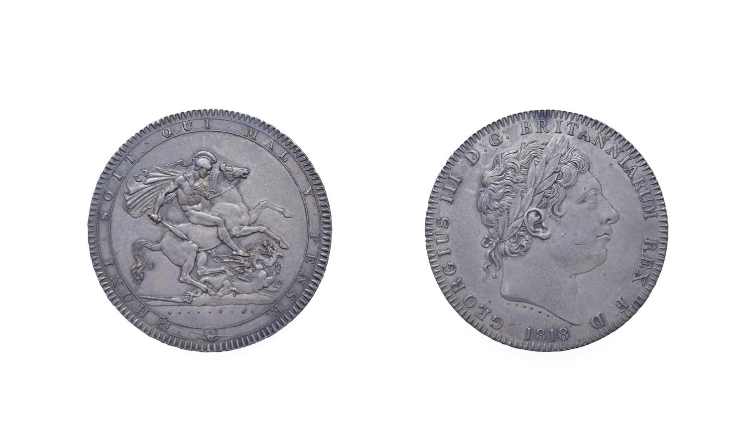 Lot 4136 - George III, 1818 Crown. Obv: Laureate head right. Rev: St. George and the dragon. LVIII edge....