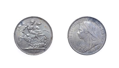 Lot 4160 - Victoria, 1897 Crown. Old, veiled head facing left. Rev: St. George and the dragon, 1897 in...