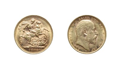 Lot 4162 - Edward VII, 1908 sovereign. Obv: Bare head right. Rev: St. George and the dragon, 1908 in...
