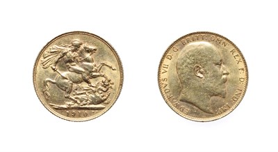 Lot 4164 - Edward VII, 1910 Sovereign. Obv: Bare head facing right. Rev: George and the dragon, 1890 below...