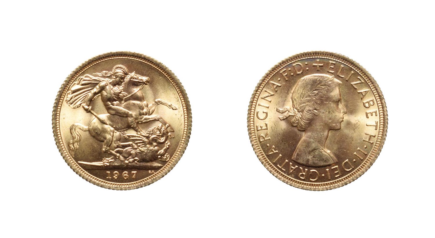 Lot 4182 - Elizabeth II 1957 Sovereign. Obv: First portrait right. Rev: St. George and the dragon, 1957 in...