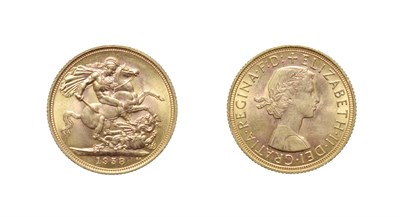Lot 4183 - Elizabeth II 1958 Sovereign. Obv: First portrait right. Rev: St. George and the dragon, 1958 in...