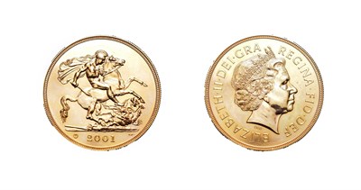 Lot 4197 - Elizabeth II, 2001 'Sovereign' Five Pounds. Obv: Fourth portrait right. Rev: St. George and the...
