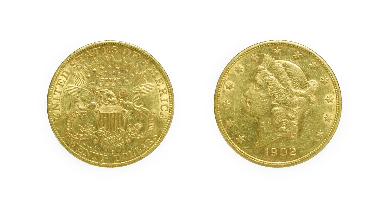 Lot 4261 - USA, San Francisco mint, 1902 20 dollars. Obv: Head of Lady Liberty left, 1902 below. Rev: Eagle, S