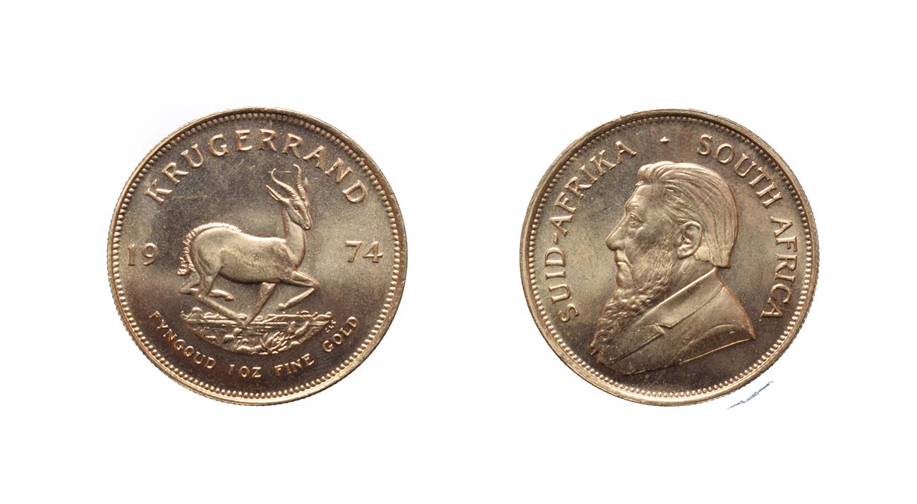 Lot 4267 - South Africa, 1974 Krugerrand. 1 oz. fine gold (.999). Obv: Bust of Paul Kruger left. Rev:...