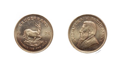 Lot 4267 - South Africa, 1974 Krugerrand. 1 oz. fine gold (.999). Obv: Bust of Paul Kruger left. Rev:...
