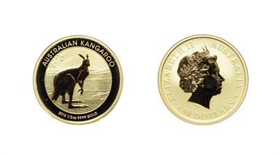 Lot 4270 - Australia, 2013 50 Dollars, 1/2 oz .999 Gold. Obv: Fourth portrait right. Rev: Kangaroo in the...
