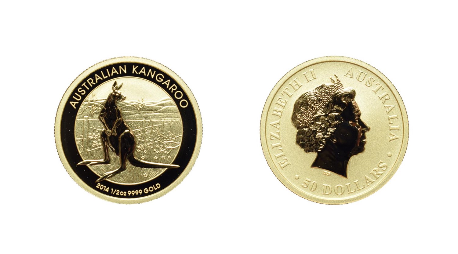 Lot 4271 - Australia, 2014 50 Dollars, 1/2 oz .999 Gold. Fourth portrait right. Rev, Kangaroo at sunset....