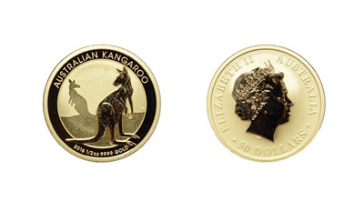 Lot 4272 - Australia, 2016 50 Dollars, 1/2 oz .999 Gold. Obv: Fourth portrait facing right. Rev: Kangaroo...