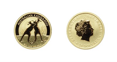 Lot 4274 - Australia, 2010 $25, 1/4 oz .9999 Gold. Obv: 4th portrait facing right. Rev: Two male kangaroos...