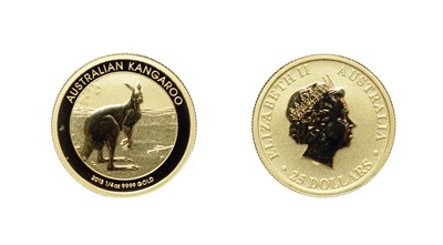 Lot 4275 - Australia, 2013 25 Dollars, 1/4 oz .9999 Gold. Obv: Fourth portrait facing right. Rev: Kangaroo...
