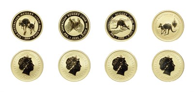 Lot 4277 - Australia, 4 x 15 dollars, 1/10 oz .999 Gold Coins featuring the 2002, 2003, 2004 and 2005 kangaroo