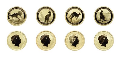 Lot 4279 - Australia, 4 x 15 dollars, 1/10 oz .999 Gold Coins featuring the 2014, 2015, 2016 and 2017 kangaroo