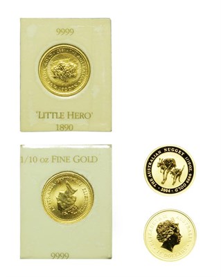 Lot 4308 - Australia,  2 x 15 Dollars, 1/10 oz .9999 Gold Coins featuring the 1987 'gold nugget' and 2004...