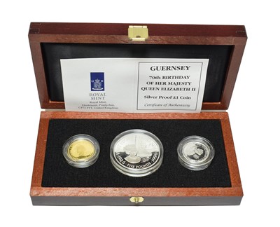 Lot 4311 - Guernsey, a 3-Coin Gold & Silver Proof Set 1996 commemorating the Queen's 70th birthday &...