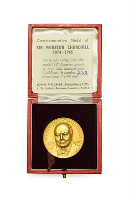 Lot 4318 - Sir Winston Churchill Commemorative Medal By John Pinches, 1965. 44g of 22ct. gold. Obv:...