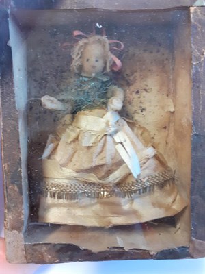 Lot 6004 - Miniature 19th Century Wax Baby Doll, wearing a cream silk and net dress, together with spare...