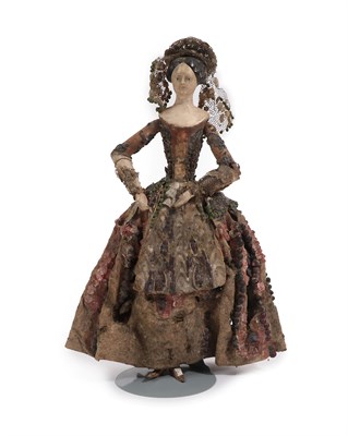 Lot 6006 - 19th Century Carved Polychrome Doll, with jointed bent arms, wooden torso and lower legs, black...