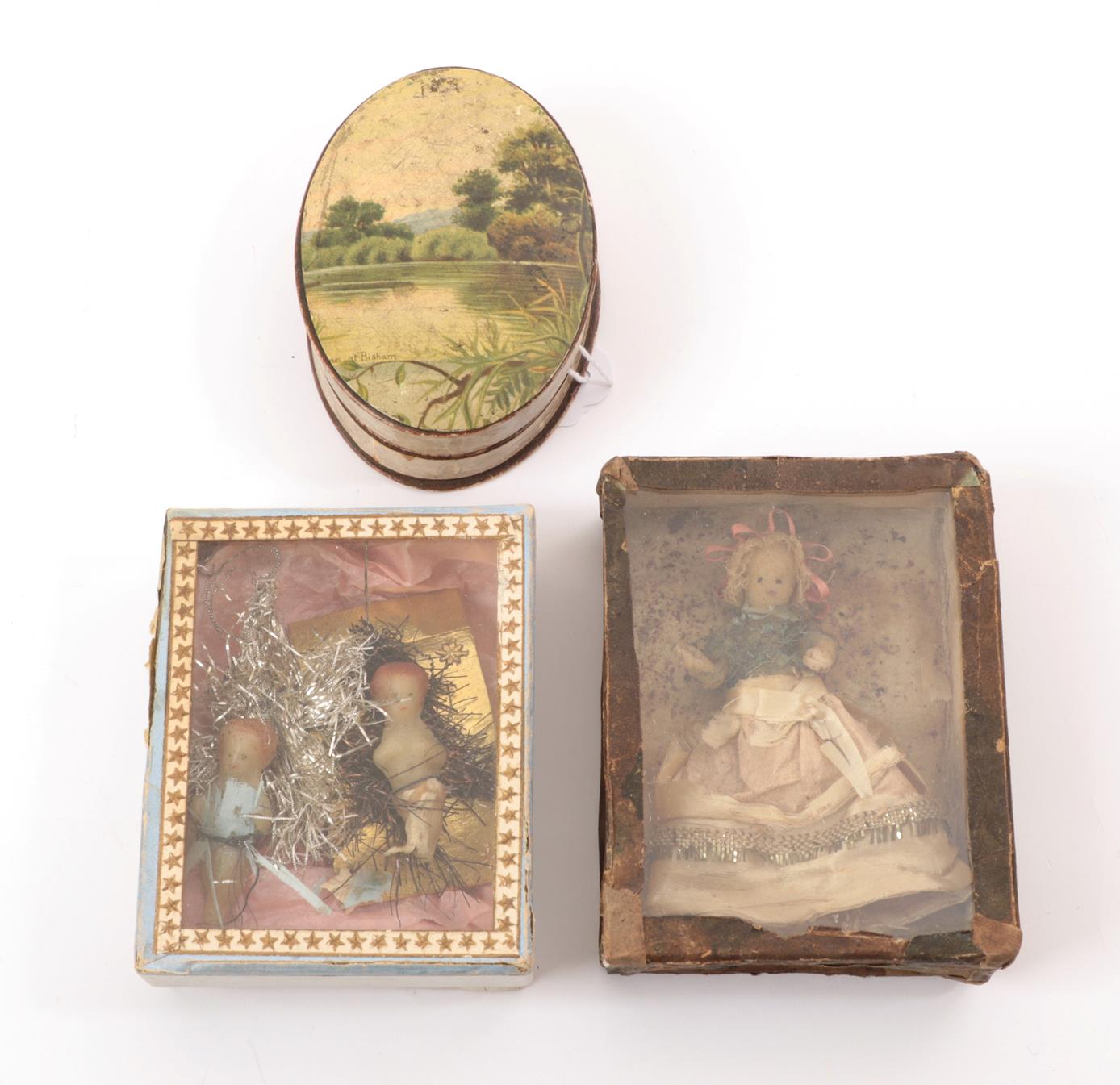 Lot 6008 - 19th Century Wax Miniature Dolls, comprising two cherubs/Christmas decorations with moulded and...