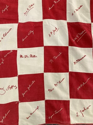 Lot 6020 - Early 20th Century Red and White Signature Quilt, embroidered with surnames on each alternating red