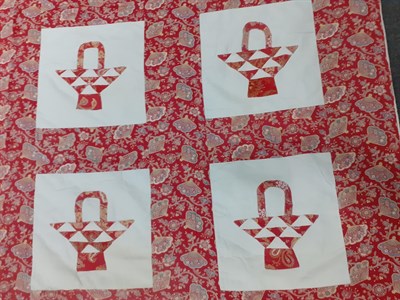 Lot 6022 - Late 19th Century Red and White Reversible Basket Quilt, made in blocks with pieced baskets in...