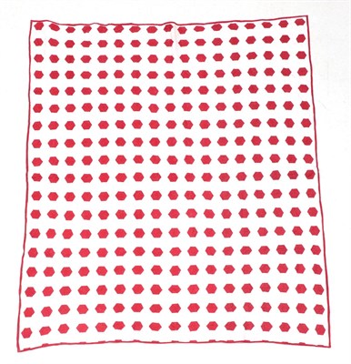 Lot 6023 - Late 19th Century Hexagonal Red and White Country Quilt, hand quilted with circles, leaves and...