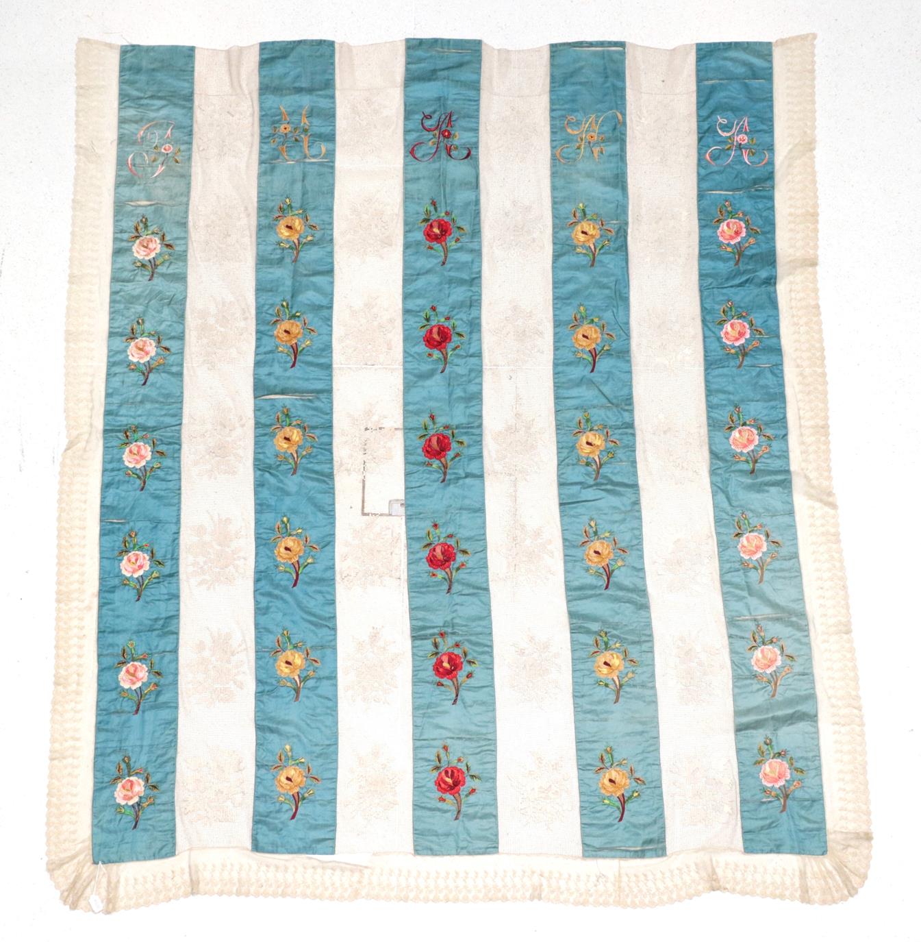 Lot 6026 - Late 19th Century Blue Silk Bed Cover, in strips of blue silk and filet lace, embroidered with...